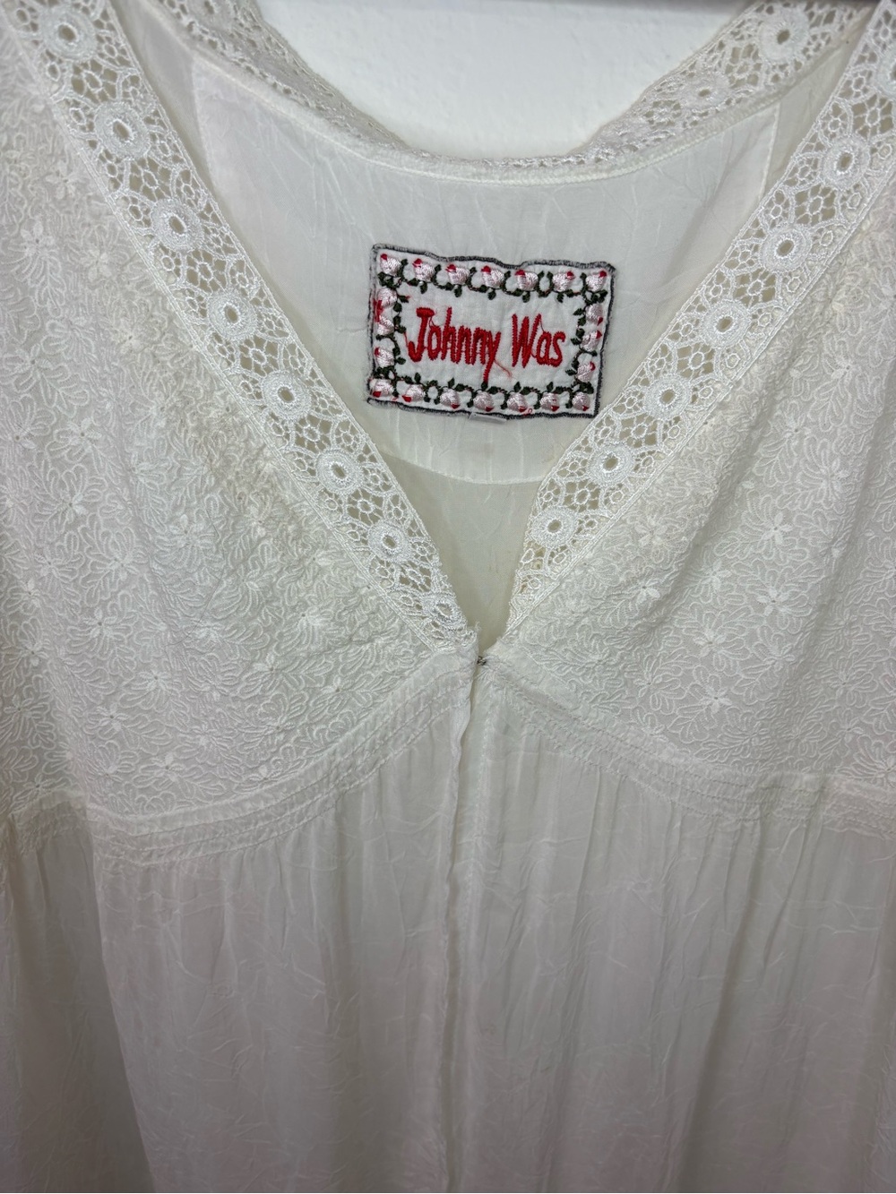 Johnny Was Ivory Embroidered Lace Boho Peasant Blouse Sheer Sleeve Medium - Picture 14 of 16
